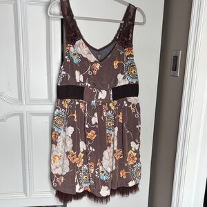 Free People Brown Floral Slip Dress with Lace Straps